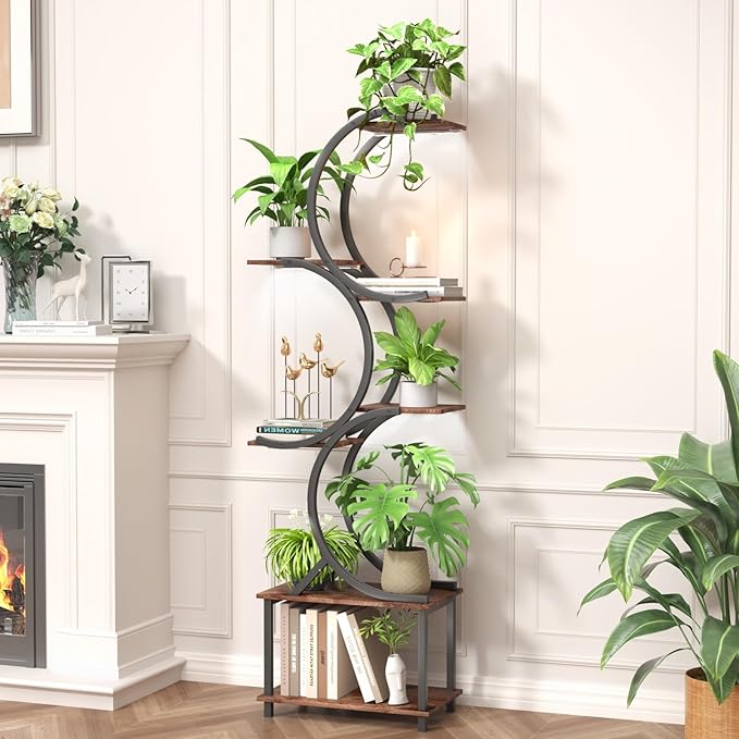 REFGY Plant Stand Indoor with Grow Lights, 65 inch Tall Plant Shelf for Multiple Plants, 7 Tiered Metal Plant Stands Indoor, for Living Room, Corners Patio Balcony or Office (Rustic Brown)