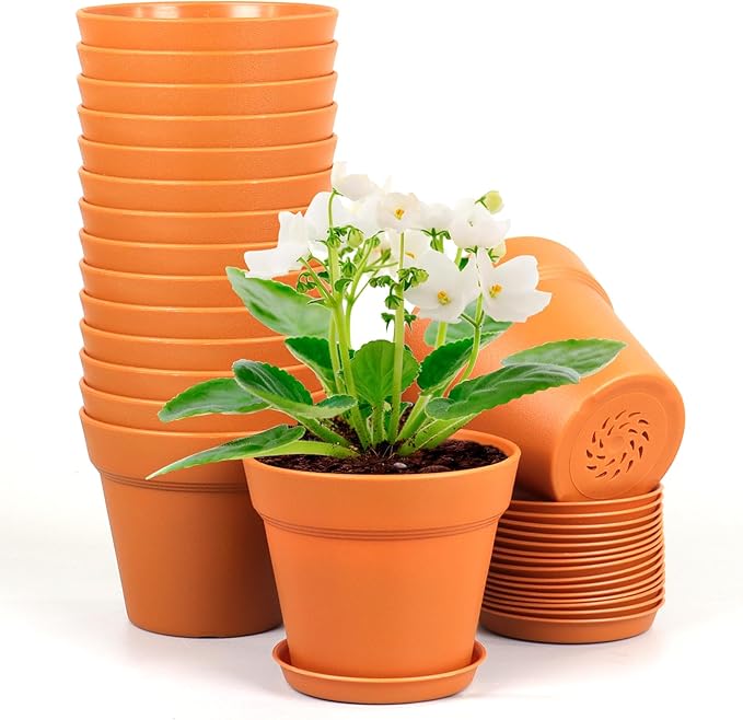 Meowell 4 inch Small Plastic Nursery Pots, 16 Pack Plant Pots for Indoor Outdoor Plants, Flower Pots with Drainage Holes and Saucers, Decorative Seedling Starter Planters for House Plants, Terracotta