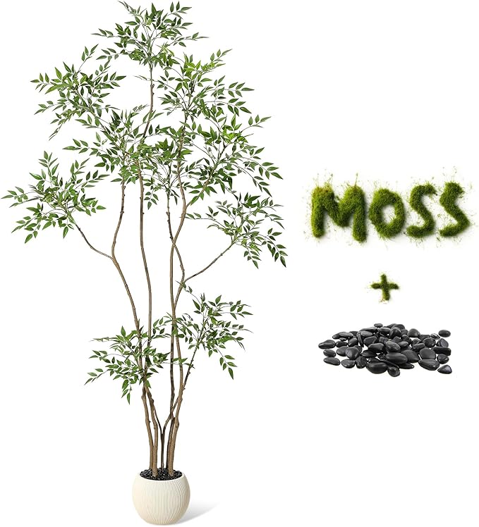 GarveeHome Artificial Plants Indoor,7 ft Tall Faux Floor Plant in Pot, Nandina Artificial Tree with White Planter for Home Decor Office Living Room