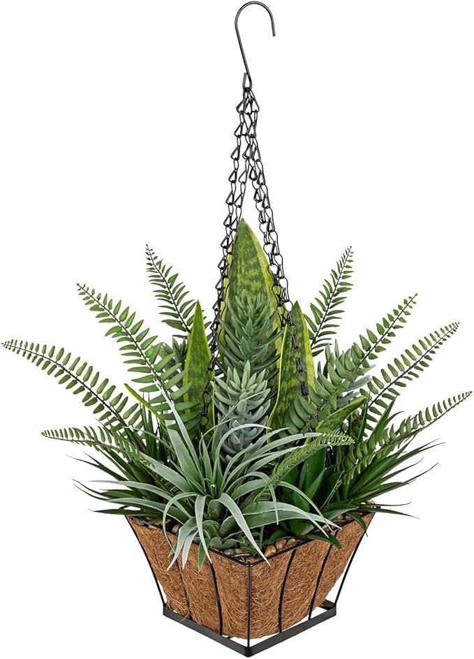 DILATATA Artificial Hanging Plants Basket, Faux Snake Plants Fern Succulent Mix with Coconut Fiber Liner, Fake Hanging Plant with Chain Hook for Indoor Outdoor Porch Patio Balcony Home Décor