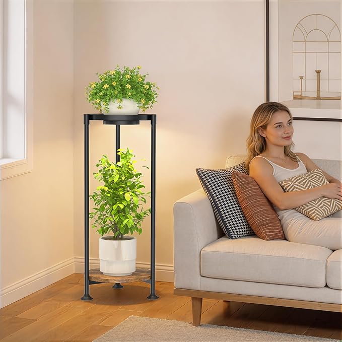 iDavosic.ly 2 Tier Plant Stand Indoor with Grow Light, 30 Inch Tall Vertical Corner Metal Flower Heavy Duty Pot Holder Shelf, Modern Black & Rustic Brown - Round