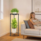 iDavosic.ly 2 Tier Plant Stand Indoor with Grow Light, 30 Inch Tall Vertical Corner Metal Flower Heavy Duty Pot Holder Shelf, Modern Black & Rustic Brown - Round