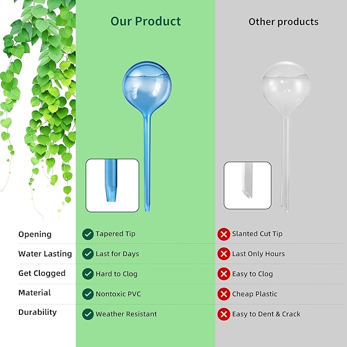 12-Pack Plastic Plant Watering Globes, Premium PVC Shatter-Resistant Plant Waterer, Tapered Opening Self Watering Planter Insert, Automatic Watering Spikes for Daily & Vacation Plants Care