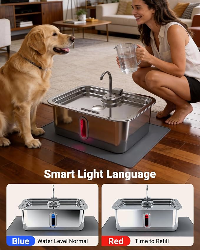 15L/4Gal Large Dog Water Fountain with Pet Feeding Mat & 3 Filters, Stainless Steel Pet Water Fountain for Dogs Cats, Dog Water Bowl Dispenser with Visible Window, Alert Light, Quiet Pump