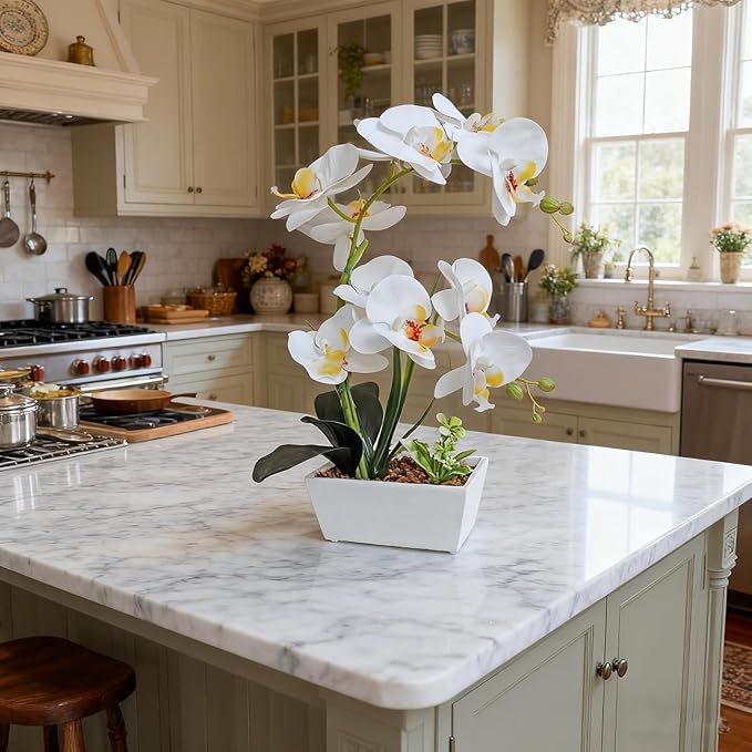 Fake Orchid Realistic Artificial Flowers Real Touch White Orchid Fake Potted Plants For Home Decor Indoor Phalaenopsis Orchids Centerpiece Flower Arrangement Table Decorations For Dining Room Bathroom