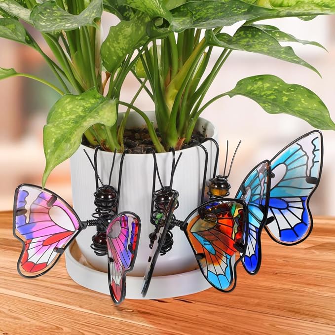 Toddmomy 3Pcs Butterfly Decorations for Plant Pots, Metal and Glass Butterfly Pot Huggers for Garden Decor, Colorful Outdoor Plant Ornaments for Patio & Spring Yard Art, Gift for Women