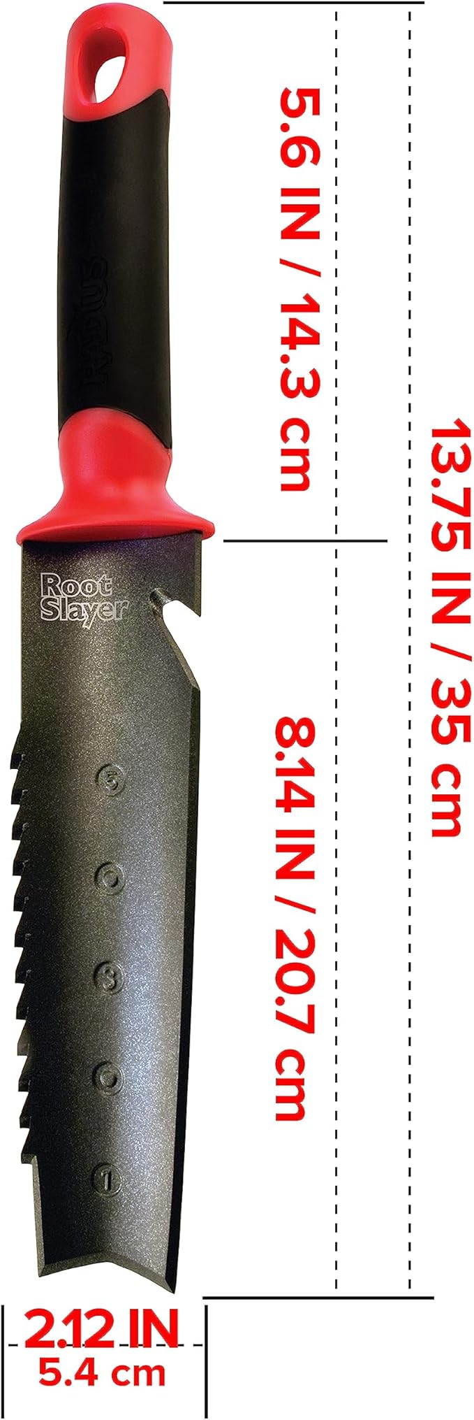 Root Slayer 17211 Garden Soil Knife with Holster for Digging, Weeding, and Root Cutting, Serrated Steel Blade, Red