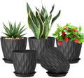 Meowell 7 inch Plant Pots for Indoor Outdoor Plants, 5 Pack Thick Flower Pots with Drainage Holes and Saucers, 3D Modern Wave Texture Plastic Planter Pots for House Plants, Black
