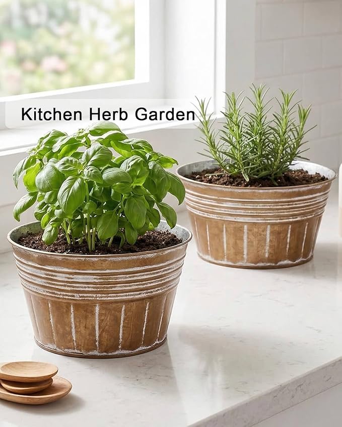vensovo 8 Inches Brown Metal Rustic Plant Pots - 6Pcs Shallow Galvanized Planters with Drain Hole and Rubber Plug, Rustproof Tin Bucket Succulent Pot Indoor Farmhouse Vintage Style for Decor
