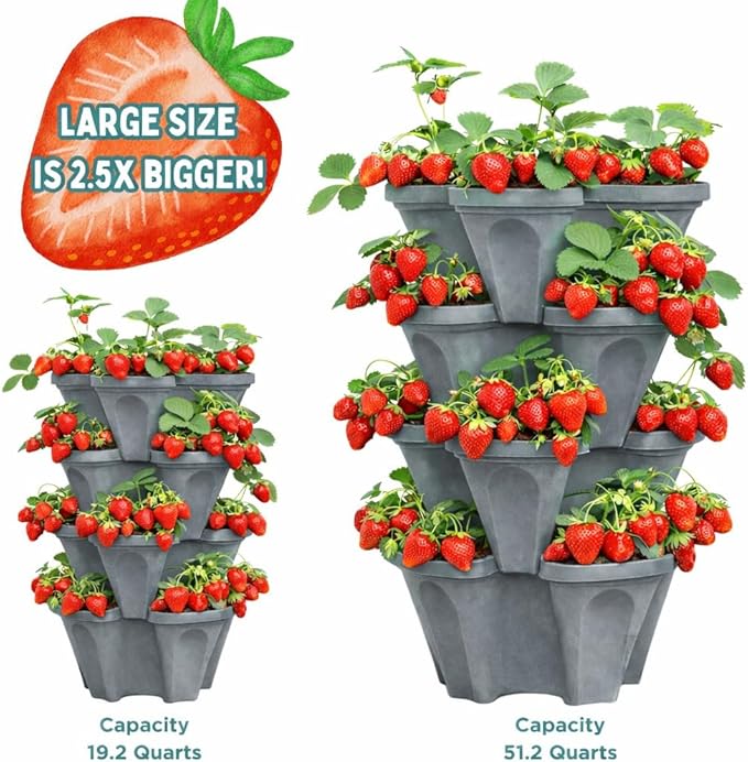 Vertical Garden Planter 4 Tier Stackable System 16 Plants, Space Saving Herb, Strawberry & Food Crop Planter with Center Support Hole for Indoor Outdoor Gardening (4, Slate Gray, Large)