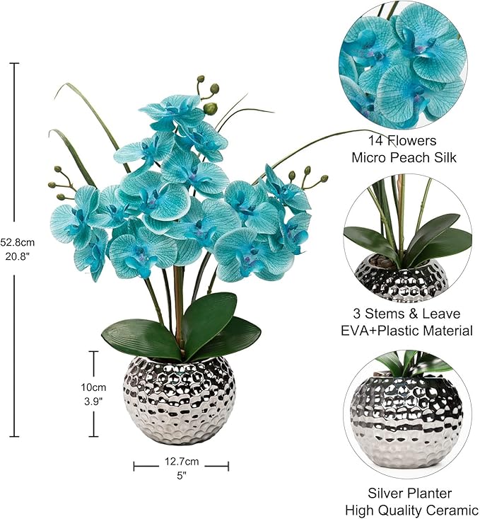 Briful Artificial Orchids Flowers 20'' Teal Blue Faux Orchid Arrangement with Silver Vase Fake Phalaenopsis Silk Orchid for Home Office Living Room Table Decor