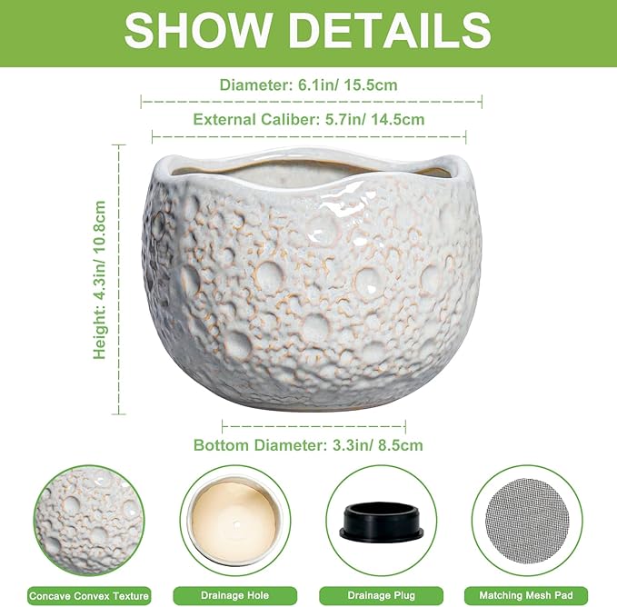 Ceramic Plant Pots 6 Inch - Ceramic Orchid Pot with Drainage Hole and Plug, Unique Pots for Plants Indoor Outdoor, Decorative Modern Planter, Living Room Decor, Plant Lovers Gifts, Grey