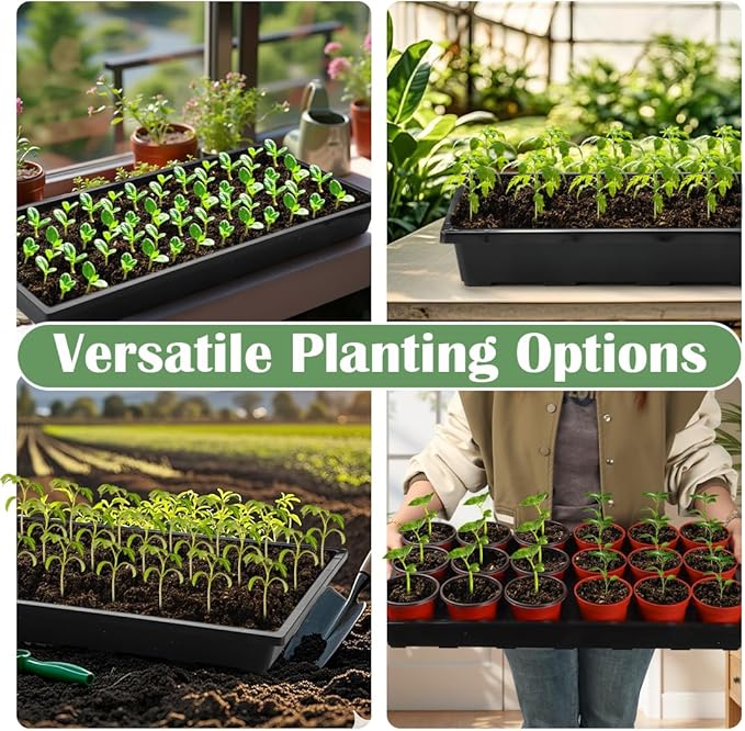 RooTrimmer 1020 Flat Seed Starter Trays 10 Pack, Plastic Nursery Pots Trays & Seeds Potting Plants Tray, Durable Carrying Seedling Starting Tray for Planting (Black)