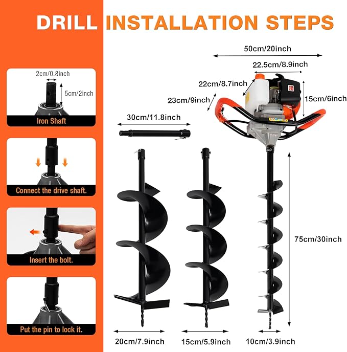 Gas Auger Post Hole Digger, 52cc 2-Stroke Earth Auger Post Hole Digger Gas Powered with 3 Drills Bits and 1 Extension Rods, Gas Auger for Farmland Garden and Plant, 1.7kw