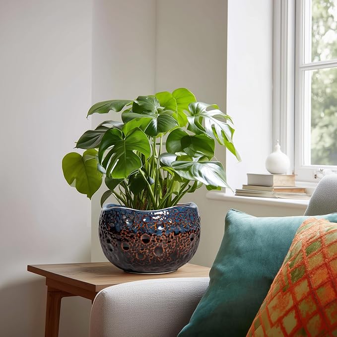 Ceramic Planter - 8 Inch Plant Pots with Drainage Hole and Plug, Unique Flower Pots for Indoor Outdoor Plants, Round Decorative Pots for Plants, Home Decor, Graduation Gifts, Brown-Blue