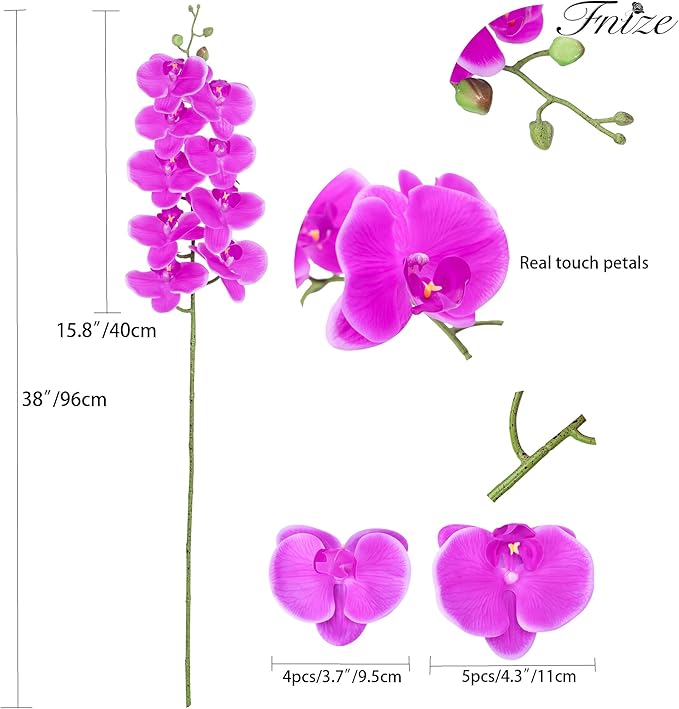 Fnize Artificial Orchid Stems Real Touch Latex Phalaenopsis Branches Faux Cymbidium Flowers 9 Large Petals 38 Inches 2pcs (Rose red)