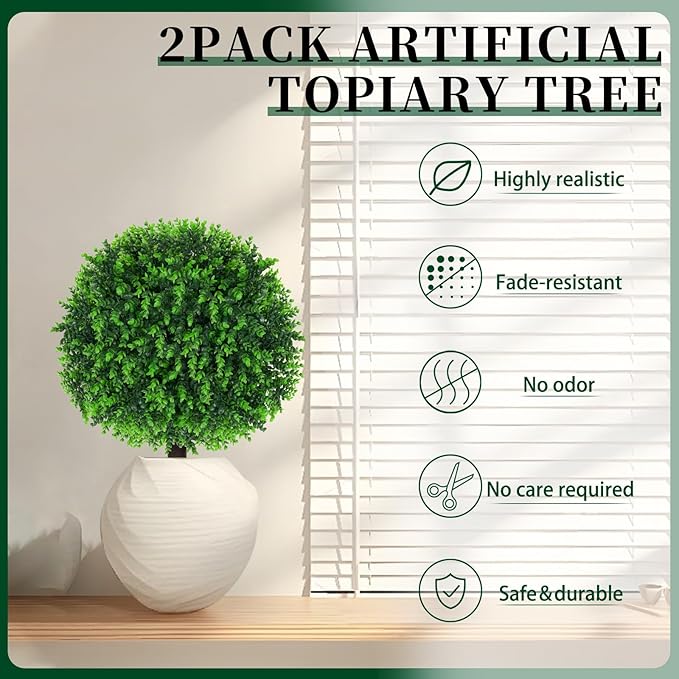 Artificial Eucalyptus Topiary Ball Trees, 2 Set of 16'' UV Resistant Fake Evergreen Shrubs Bushes Plants with Ground Spike, Fake Plants for Outdoor Indoor Front Porch Garden
