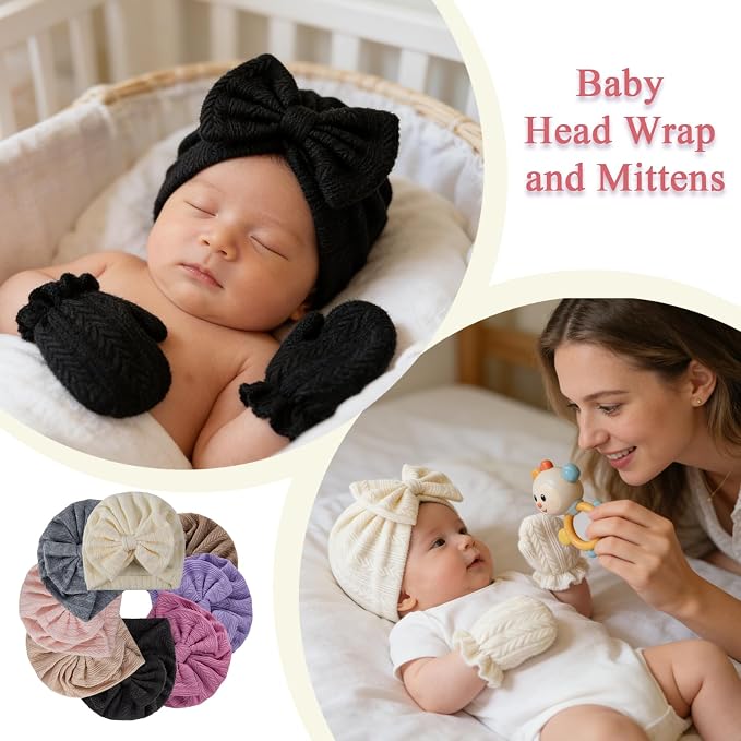 Newborn Baby Girl Hats Mittens Set Cotton Hospital Bow Hat Beanies Caps Gloves for New Born Girls 0-6 Months