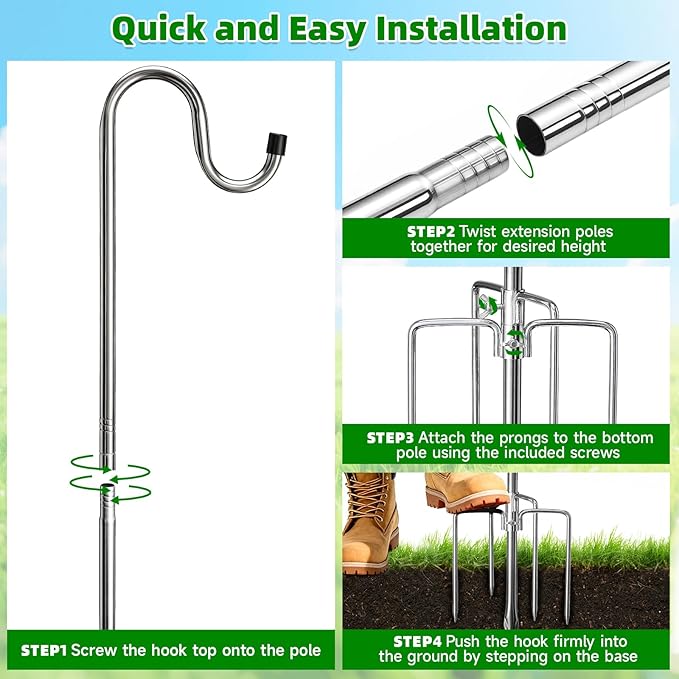 COCONUT Shepherds Hook, 62 Inches Shepherds Hook with 5 Prongs Base Stainless Steel Adjustable Garden Hanging Holder for Bird Feeders Lanterns Planting Hanger Weddings Decor, Silver
