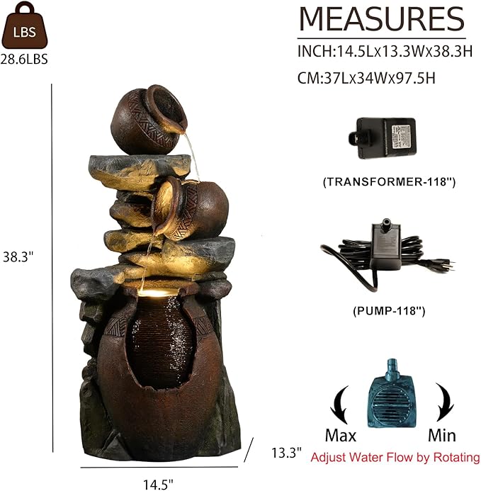 Bumilgar Outdoor Garden Water Fountain for Garden, Patio, Backyard, Deck, Porch and Home Art Decor, 3 Tiers Modern Cascading Outdoor Fountain with Lights 38.4" H