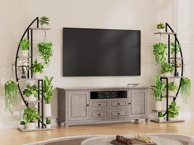 BACEKOLL Plant Stand Indoor with Grow Lights, 6 Tiered Tall Plant Shelf, 63" Metal Plant Stand for Indoor Plants Multiple, Half-Moon Plant Rack Display Shelf, 2 Pcs Plant Holder for Living Room, Grey