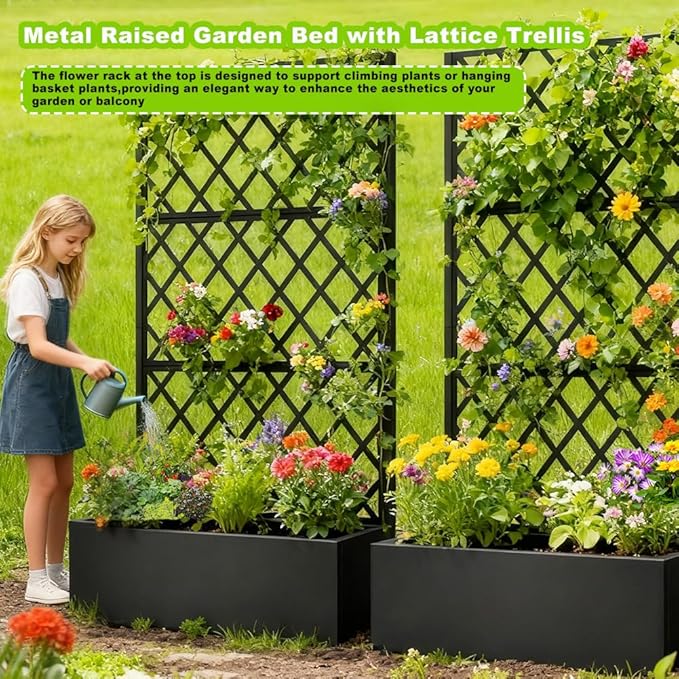 Metal Planter Box with Privacy Screen Trellis,Galvanized Raised Garden Bed On Wheels for Climbing Plants Vines, Standing Garden Flower Bed with Drainage Holes (Black, 35" L x16 W x 73" H)