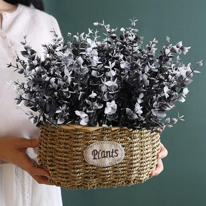 RECUTMS Black Artificial Flowers, Fake Outdoor UV Resistant Plants Faux Plastic Greenery Shrubs Indoor Outside Hanging Planter Halloween Flower Decor (Black +White Eucalyptus)