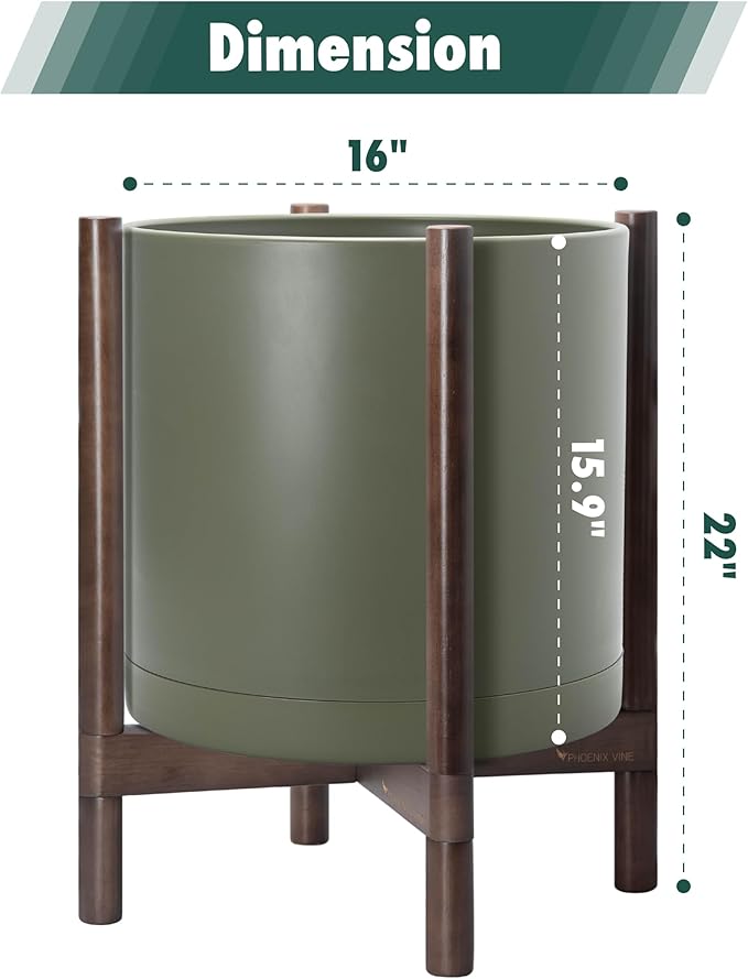 D'vine Dev Planter Pot with Stand - 16 Inch Plastic Cylinder Flower Pot with Wood Planter Holder for Indoor, Olive Pot + Walnut Color Stand, 55-C-X-3