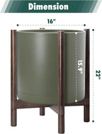D'vine Dev Planter Pot with Stand - 16 Inch Plastic Cylinder Flower Pot with Wood Planter Holder for Indoor, Olive Pot + Walnut Color Stand, 55-C-X-3