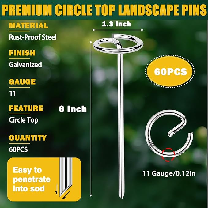 60 PCS Landscape Fabric Staples Pins,Heavy Duty Circle Top Landscape Fabric Stakes, 6 inch Galvanized Weed Barrier Stakes Pins with Removal Tool,Reusable Garden Staples for Weed Barrier Fabric