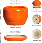 SQOWL Ceramic Plants Pots - 6 Inch Planter Indoor with Drainage Hole and Plant Saucer, Modern Round Planter Outdoor, Decorative Succulent Pot, Home Decor, Housewarming Gifts, Orange