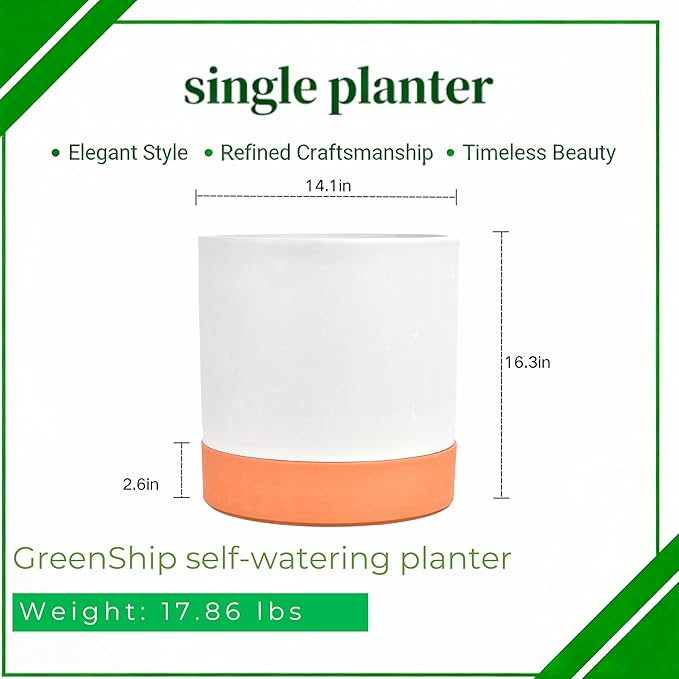GreenShip 15″ Self-Watering Cylinder Planter Pot with Saucer & Plugged Drainage Hole – Dual Use: Self-Watering or Traditional Pot – Jun Porcelain Clay & Recycle Resin, Durable & Unbreakable(W/T)