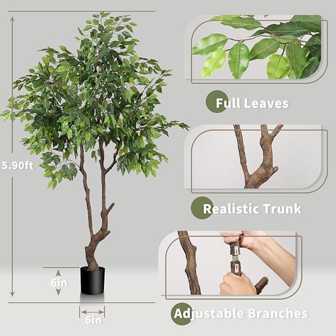 Artificial Ficus Tree 6ft(72in) Faux Floor Potted Tree for Indoor Decor Large Realistic Trees Plants with Silk Leaves and Natural Wood Trunk for Home Living Room,Office Foyer Decor.