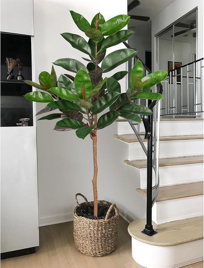 5FT Tall Fake Tree Plant for Home Decor, Artificial Rubber Tree Indoor Floor Plant, Large Faux Ficus Tree Potted Fake Tropical Plants Decorative for Office Store Room Corner Decor