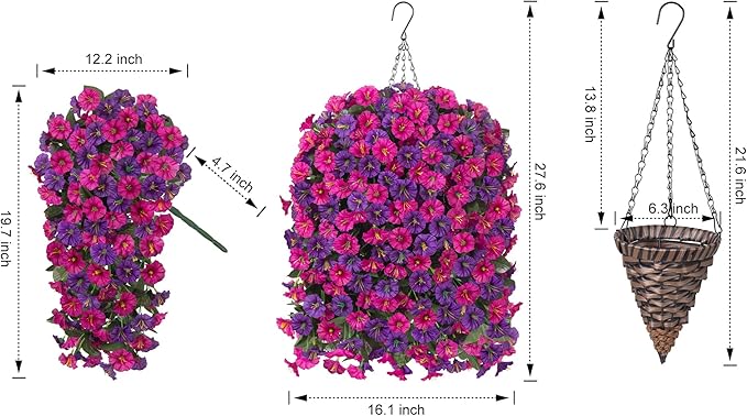 Artificial Fake Flowers Plants Hanging Baskets for Outdoor Outside, Faux Silk Hanging Dark Purple and Fuchsia Morning Glory Trailing Vines UV Resistant Look Real for Porch Patio Home Decoration