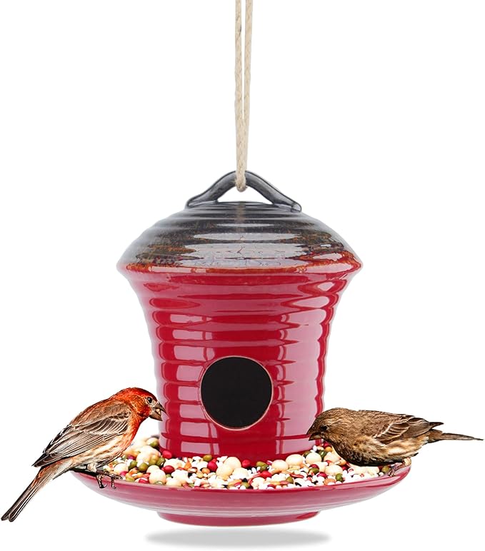 Kimdio Birdhouse Ceramic Hanging Birdhouses Bird Hut Hanging Multi-Function Outdoor Bird Feeders for Wild Birds, Finch, Cardinal, and Bluebird - Red