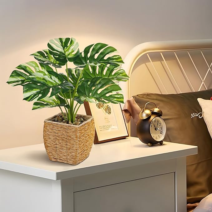 Briful Fake Plants Potted Variegated Monstera Artificial Plants Indoor Realistic Greenery Faux Plants in Square Plastic Rattan Baskets for Home Decor Farmhouse Office Weddings