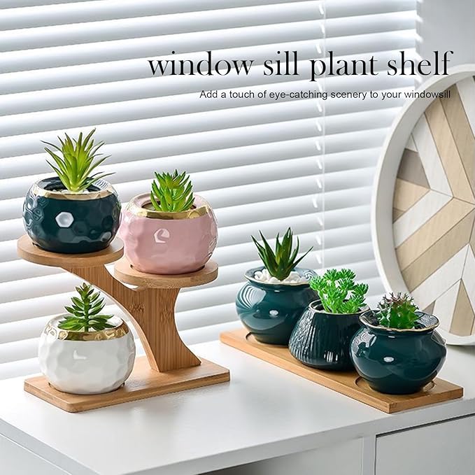 2-Pack Bamboo Mini Plant Stands for Window Sill & Desk, Small Indoor Decorative Shelves - Lightweight Space-Saving Home Office Decor for Living Room, Bedroom, Tabletop