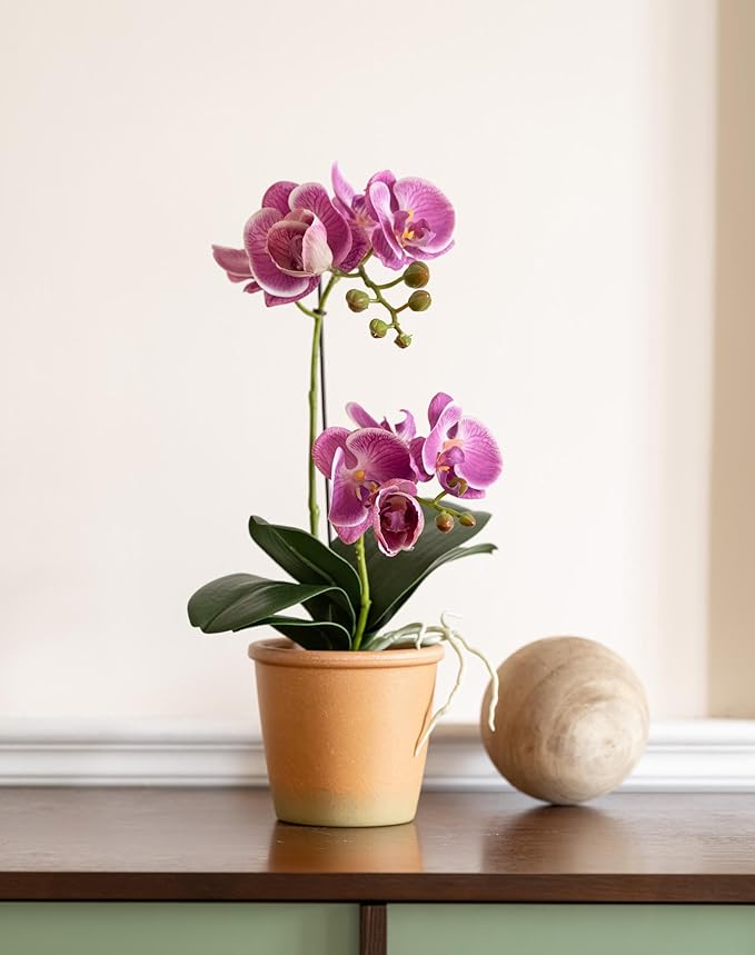 Avoeco Artificial Real Touch Orchid Plant – 15" Faux Phalaenopsis in Pot – Highly Realistic Silk Orchid Flower & Leaf Texture for Home, Office,Shop & Wedding Décor (Fuchsia, 15“)