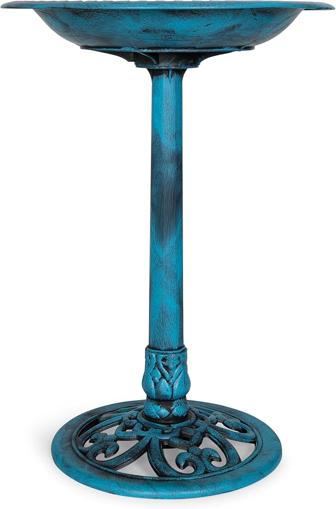 Backyard Expressions Outdoor Garden Bird Bath - Blue - Weather Resistant Polyresin - 27 Inch