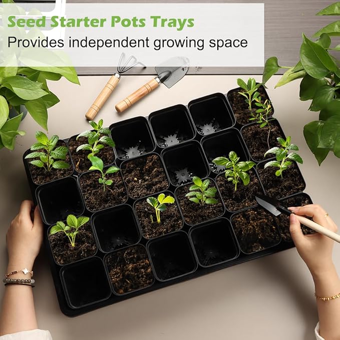 RooTrimmer 2.8 inch (7CM) Square Nursery Pots 120pcs with 5 Pack Seed Starter Trays, Durable Plastic Flat Seedling Tray (17"x11"x2") for Carrying and Holding Plant Nursery Pot (Black)