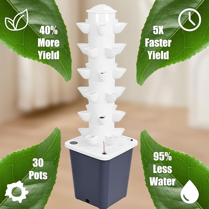 Vertical Hydroponics Garden Tower, 30-Plant Hydroponic Growing System with 10L Tank, 6 Layers Vertical Planter Towe Hydroponic Tower Garden, Automatic Watering for Home Indoor Gardening System Black