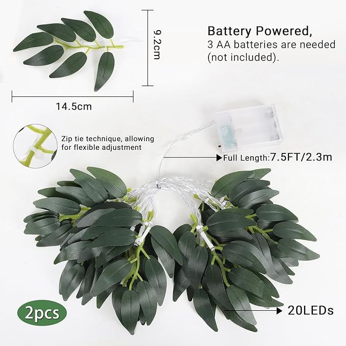 RECUTMS Willow Leaves String Lights 2Packs 20LEDs Artificial Leaf Rattan Light Hanging Vine Battery Operated Fairy Warm Light Ivy Greenery for Home Wedding Party Wall Indoor Outdoor Decor