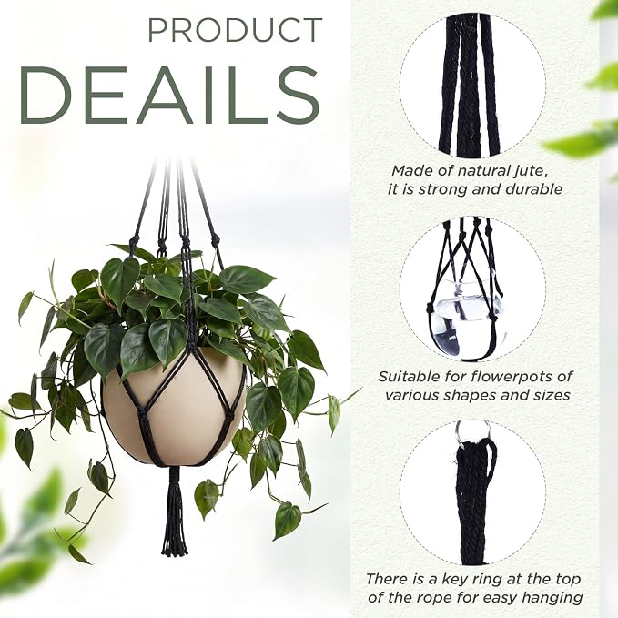 EBOOT 3 Pack 33 41 48 Inch Large Macrame Plant Hanger Rope to Hang Flower Pot Plant Holder for Indoor Outdoor Decorations, 4 Legs (Black)