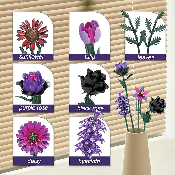 Flower Building Set, Wildflower Bouquet, Artificial Bouquet Flowers Arrangement, Compatible with Lego Botanical Collection for Adults, Dinner Table, Living Room Home Office Decor, Ideal Gift, 614PCS