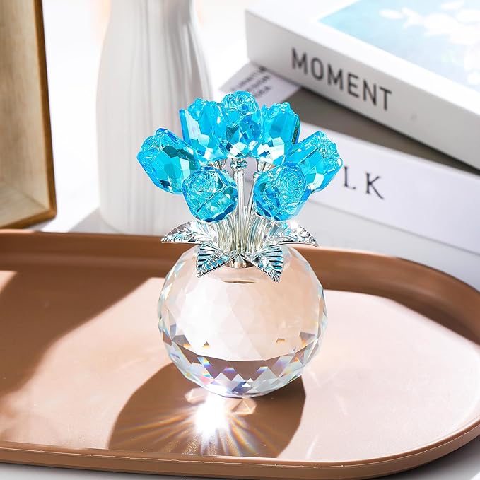 YWHL Crystal Lake Blue Rose Bouquet Figurine with Round Vase, Romantic Glass Rose Flower Gifts for Women Mom on Anniversary Birthday Christmas, Rose Collectible Figurine for Wedding Home Decorations