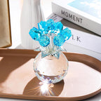 YWHL Crystal Lake Blue Rose Bouquet Figurine with Round Vase, Romantic Glass Rose Flower Gifts for Women Mom on Anniversary Birthday Christmas, Rose Collectible Figurine for Wedding Home Decorations