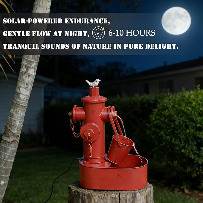 Metal Fire Hydrant Solar Water Fountain with Backup Battery,Solar Powered Water Fountain Outdoor,Solar Fountain Bird Bath for Garden, Patio & Yard Decor,Working at Night for at Least 6 Hours (red)