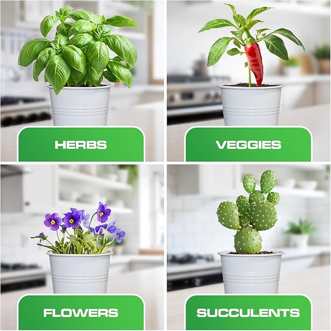 Plexon Herb Planter Indoor Garden Set of 3 with Tray, Metal Herb Pots for Indoor Plants, Round Kitchen Garden Kit Ideal for Windowsill Planter or Countertop, White Powder Coated