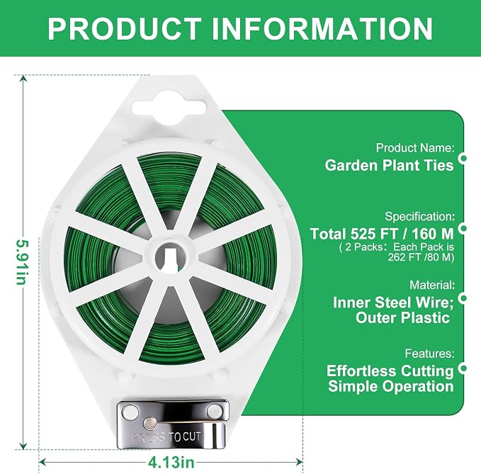 2 Pack Twist Ties, 525 Feet (160m) Sturdy Garden Plant Ties with Cutter, Rustproof & Flexible Garden Ties for Plant of Gardening, Indoor & Outdoor Home and Office Use (Green)
